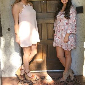 Pink floral boho long sleeve mini dress